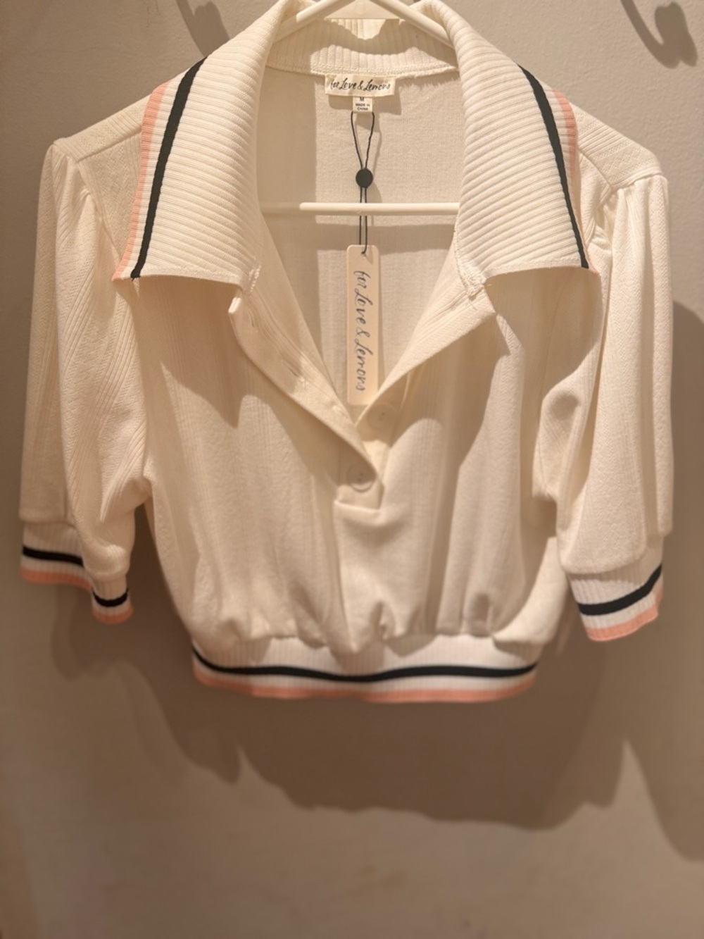 For Love & Lemons White Ribbed Polo Crop Top